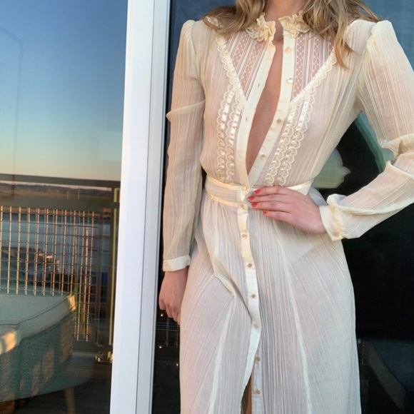 Vintage 60/70s ivory button front midi dress gauzy - Picture 4 of 9